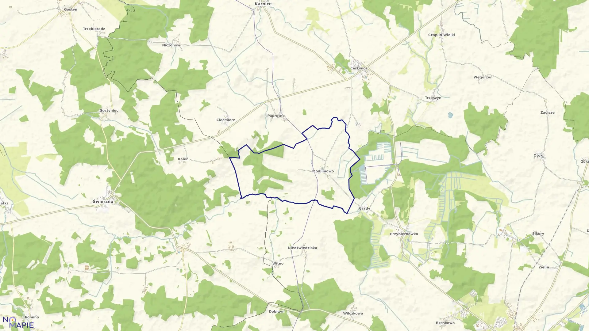 Mapa obrębu Modlimowo w gminie Karnice