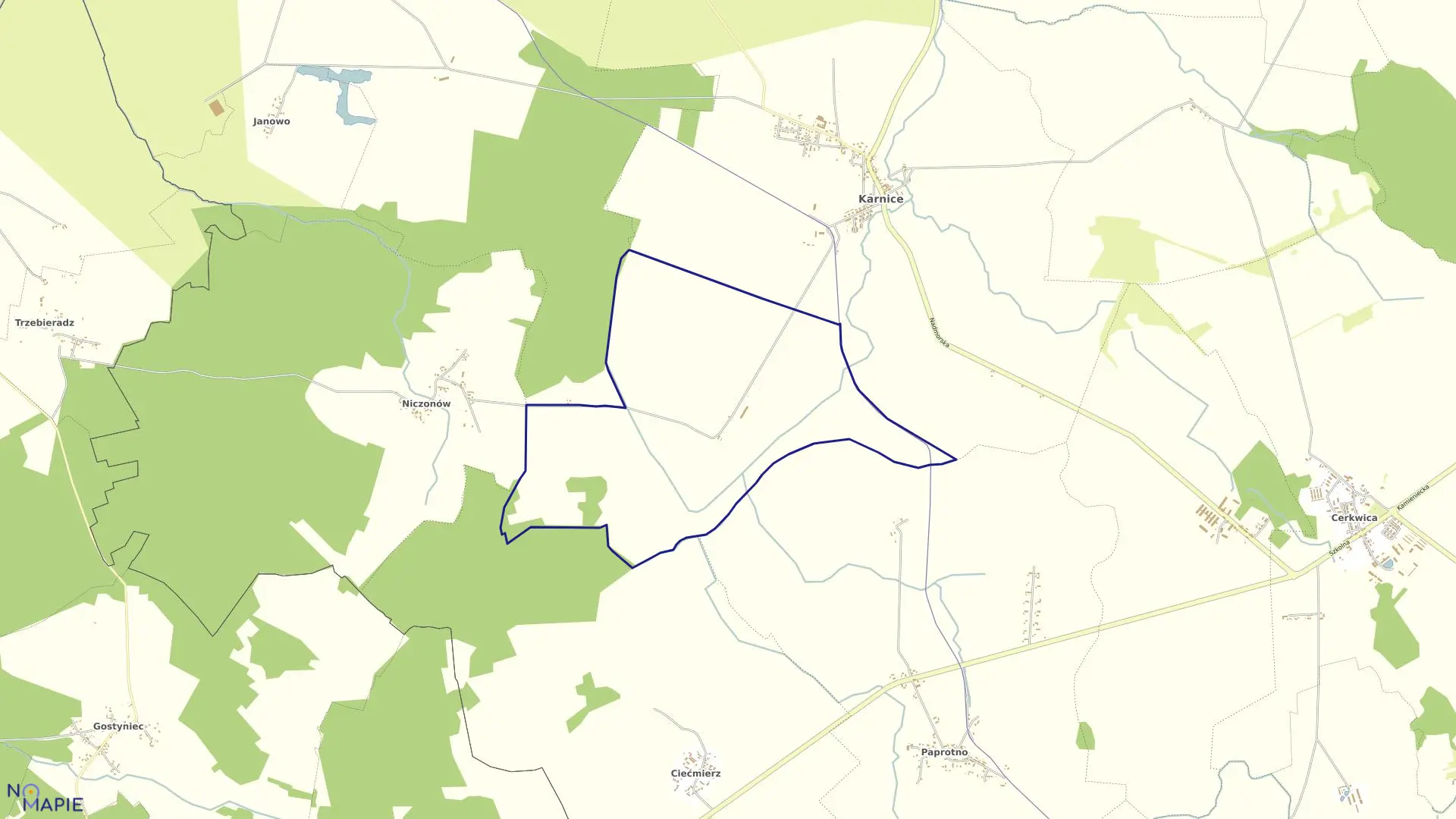 Mapa obrębu Niedysz w gminie Karnice